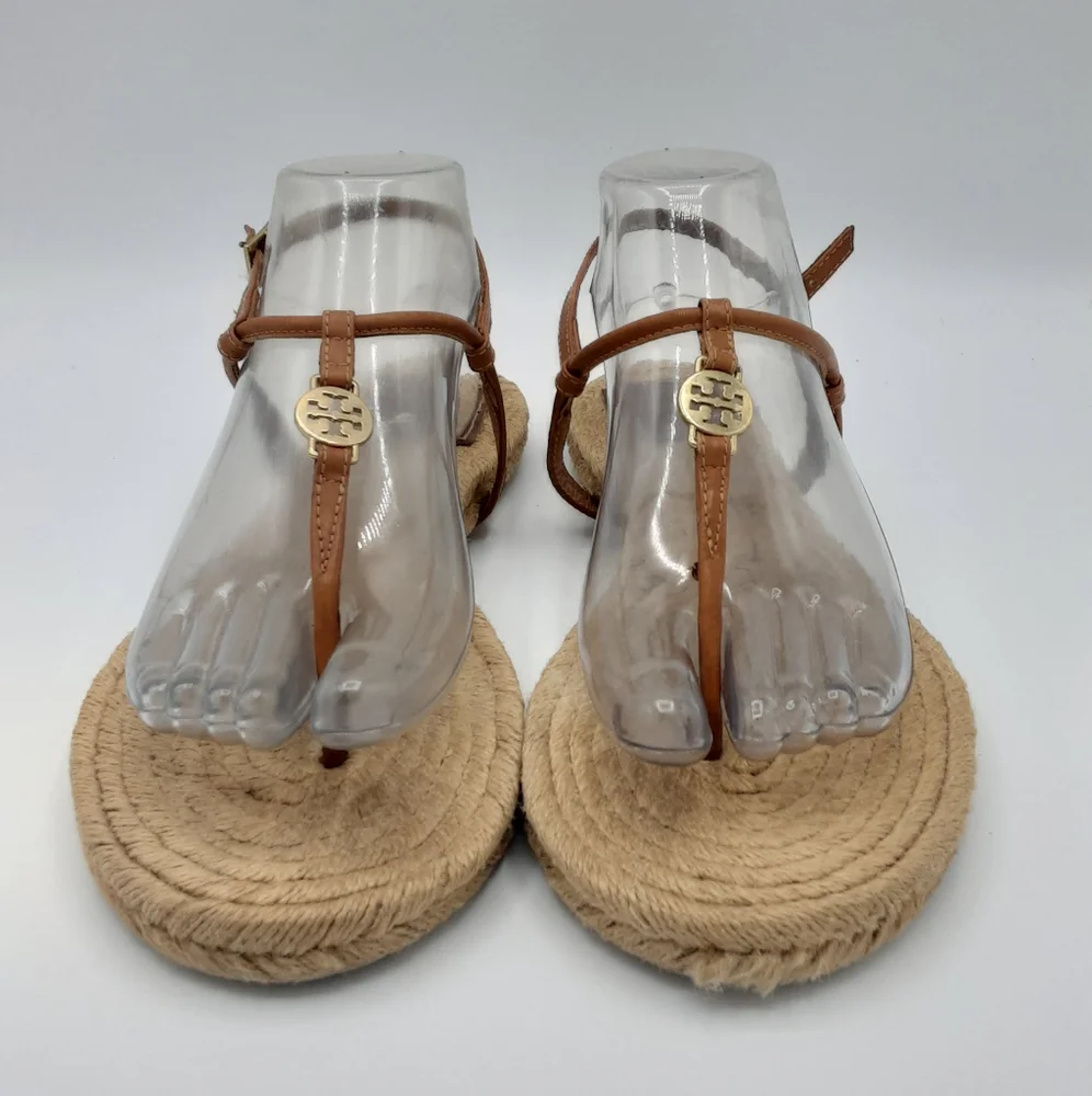 Tory Burch Emmy Brown Leather Espadrille Flat Thong Sandal.
